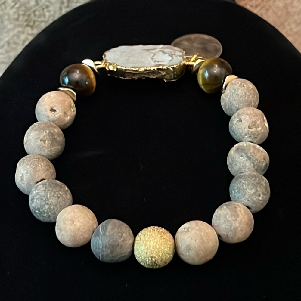 Druzy Tigers Eye Natural Stones Gold Tone Bracelet by Lavender Blue - Picture 3 of 9